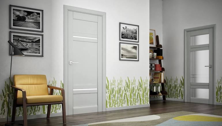 Серые межкомнатные и входные двери в интерьере квартиры